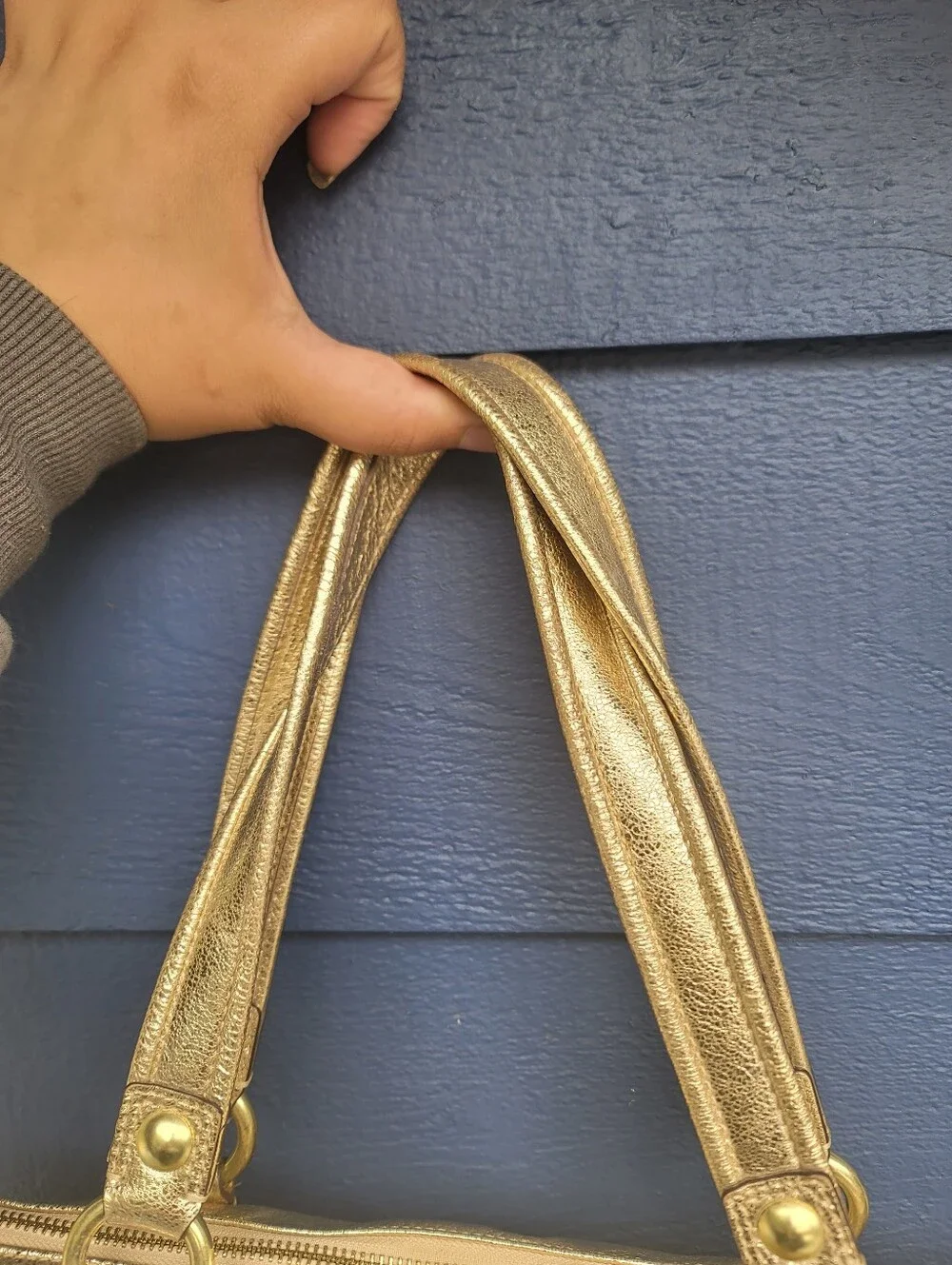 Coach Poppy Metallic Gold Leather Tote With Cursive Coach Charm